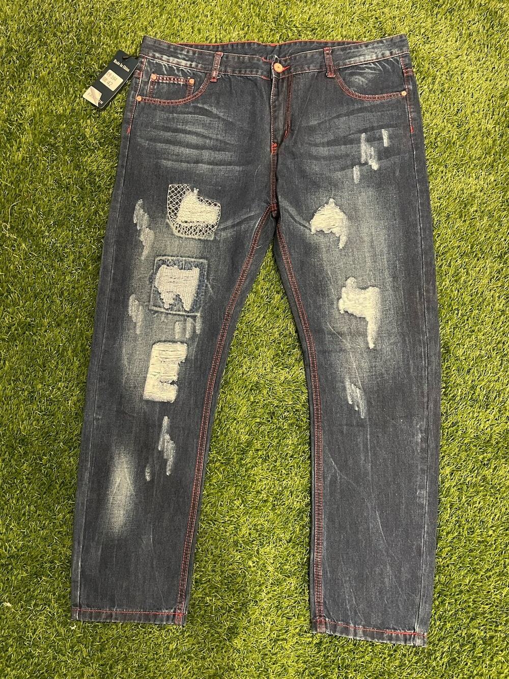 Men's Distressed Ripped Patchwork Jeans Dark Wash Red Stitching Size 42